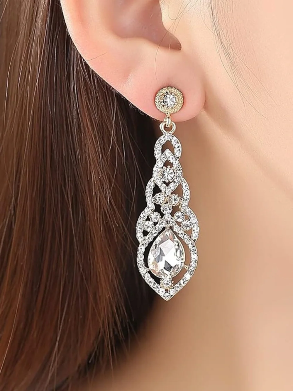 Anthropologie Gold Tone and Clear Crystal Teardrop Dangle Earrings